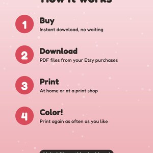 May include: A pink infographic titled How it works with four numbered red circles. Steps include: 1 Buy, instant download, no waiting; 2 Download, PDF files from your Etsy purchases; 3 Print, at home or at a print shop; 4 Color, print again as often as you like. Digital file: nothing is shipped.