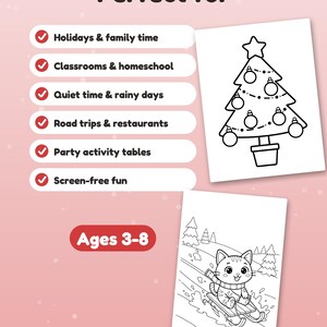 May include: A colouring activity sheet set featuring a Christmas tree with ornaments and a cat sledding in a winter landscape. The text includes "Perfect for" followed by a list of uses and "Ages 3-8" on a pink background with white accents.