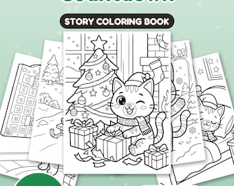 May include: Nuggis's Christmas Countdown story coloring book with 25 pages. The cover features a cat wearing a hat and scarf next to a Christmas tree and gifts. Includes US Letter and A4 formats. The black and white line art pages show holiday scenes.