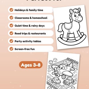 May include: A coloring page set featuring a rocking horse and a scene with an airplane and two cars. Text includes "Perfect for," a list of activities with checkmarks, and "Ages 3-8." The pages are black and white line art on a light background.
