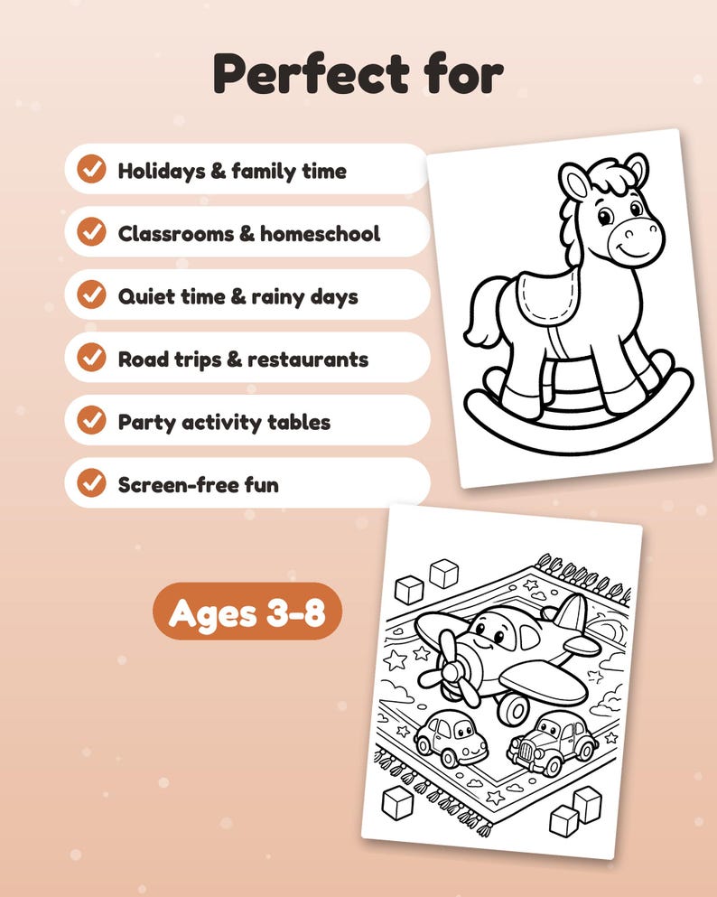 May include: A coloring page set featuring a rocking horse and a scene with an airplane and two cars. Text includes "Perfect for," a list of activities with checkmarks, and "Ages 3-8." The pages are black and white line art on a light background.