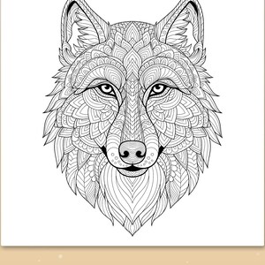 May include: A black and white line art illustration of a wolf head featuring intricate patterns and geometric shapes throughout the fur and facial features. Below the illustration, the text reads: Big spaces for little hands.