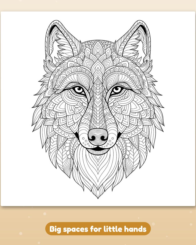 May include: A black and white line art illustration of a wolf head featuring intricate patterns and geometric shapes throughout the fur and facial features. Below the illustration, the text reads: Big spaces for little hands.