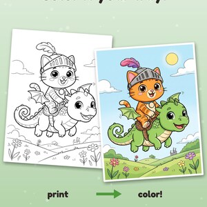 Puede incluir: Un conjunto de p&aacute;ginas para colorear con una ilustraci&oacute;n en blanco y negro y una versi&oacute;n a color de un gato caballero montando un drag&oacute;n verde. El texto dice Color it your way!, print y color!. La escena incluye flores y un castillo.