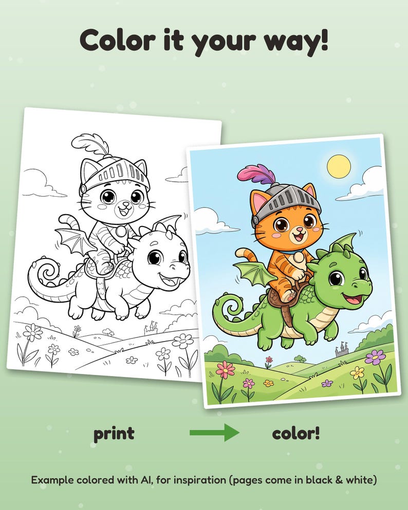 Puede incluir: Un conjunto de p&aacute;ginas para colorear con una ilustraci&oacute;n en blanco y negro y una versi&oacute;n a color de un gato caballero montando un drag&oacute;n verde. El texto dice Color it your way!, print y color!. La escena incluye flores y un castillo.