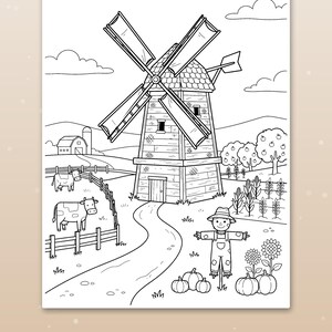 May include: A black and white coloring page featuring a farm scene with a large windmill, a barn, two cows in a fenced pasture, a scarecrow, pumpkins, sunflowers, and a cornfield. The text "Cute scenes kids love" appears at the bottom.
