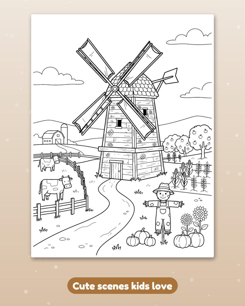 May include: A black and white coloring page featuring a farm scene with a large windmill, a barn, two cows in a fenced pasture, a scarecrow, pumpkins, sunflowers, and a cornfield. The text "Cute scenes kids love" appears at the bottom.
