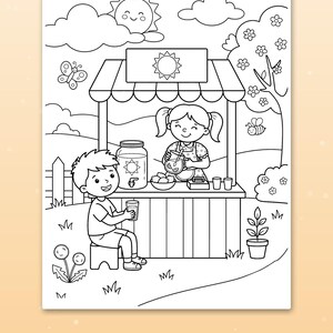 May include: A black and white coloring page featuring a lemonade stand with a child serving a drink to another child. The scene includes a sun, clouds, a butterfly, a bee, a tree, and flowers. The text at the bottom reads: Cute scenes kids love.