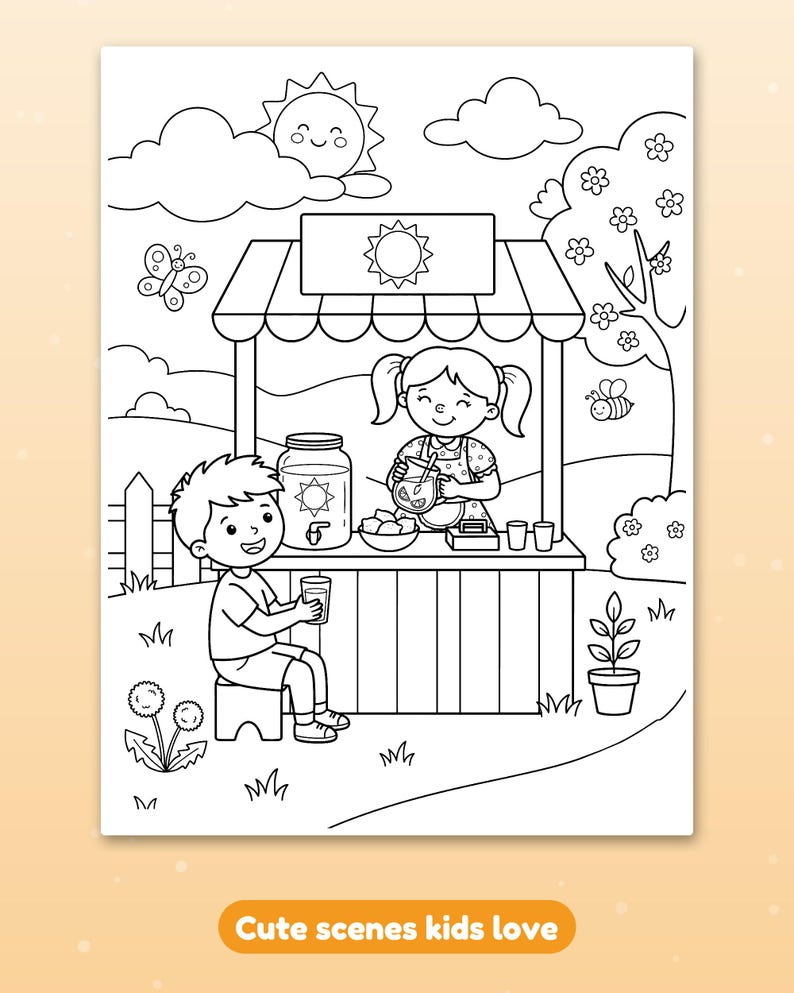 May include: A black and white coloring page featuring a lemonade stand with a child serving a drink to another child. The scene includes a sun, clouds, a butterfly, a bee, a tree, and flowers. The text at the bottom reads: Cute scenes kids love.