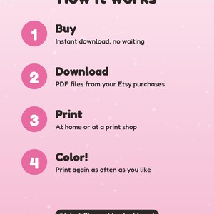 May include: A light pink informational graphic titled How it works with four numbered steps in pink circles: 1 Buy, 2 Download PDF files from Etsy, 3 Print at home or a shop, and 4 Color. Includes a Digital file: nothing is shipped notice.