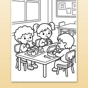 Puede incluir: Una p&aacute;gina para colorear en blanco y negro que muestra a tres ni&ntilde;os sentados en una mesa rectangular en un aula. Los ni&ntilde;os est&aacute;n almorzando, con elementos que incluyen un s&aacute;ndwich, un cart&oacute;n de leche y varias frutas sobre la mesa.