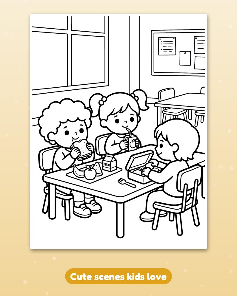 Puede incluir: Una p&aacute;gina para colorear en blanco y negro que muestra a tres ni&ntilde;os sentados en una mesa rectangular en un aula. Los ni&ntilde;os est&aacute;n almorzando, con elementos que incluyen un s&aacute;ndwich, un cart&oacute;n de leche y varias frutas sobre la mesa.