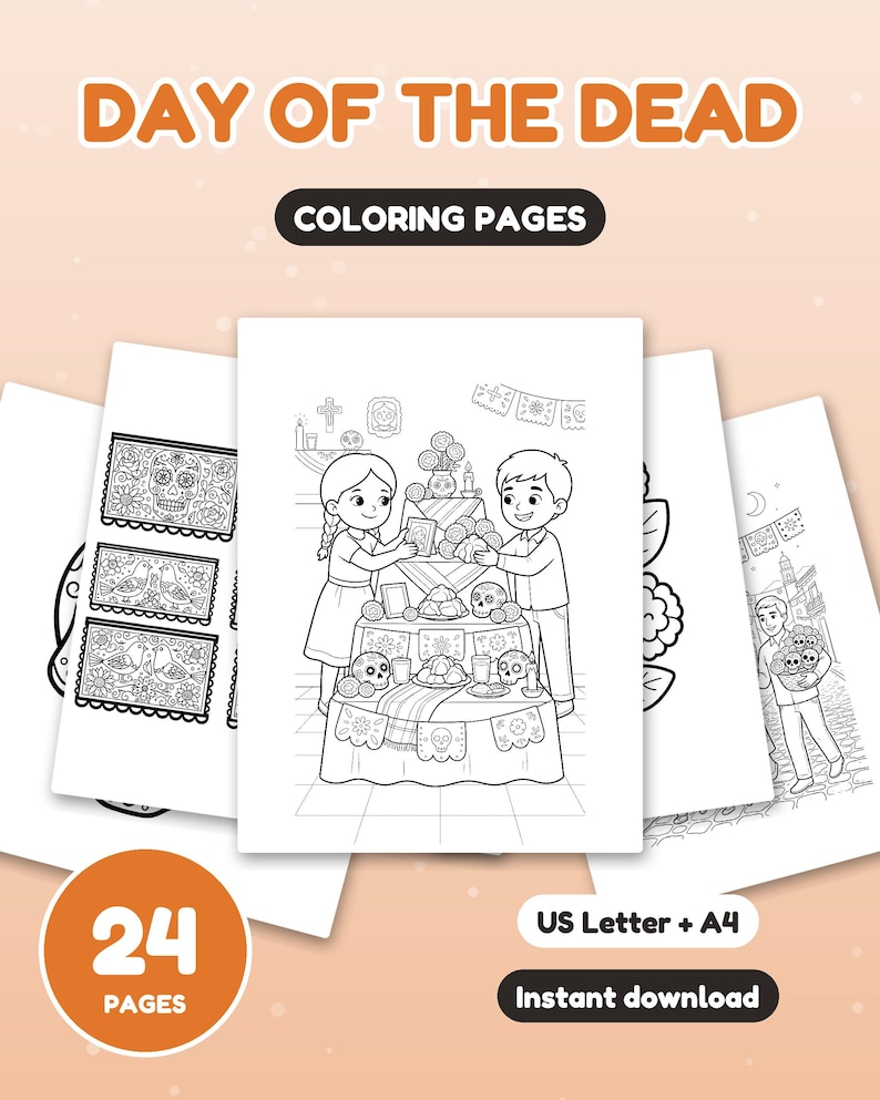 Op de afbeelding: Een set van 24 Day of the Dead kleurplaten met zwart-wit lijntekeningen van kinderen, altaren, schedels en bloemen. De tekst luidt DAY OF THE DEAD, COLORING PAGES, 24 PAGES, US Letter + A4 en Instant download.