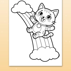 May include: A black and white coloring page featuring a cartoon cat sliding down a rainbow that connects two fluffy clouds. The cat has large eyes, striped fur, and a happy expression. Below the illustration, the text reads Color the picture.