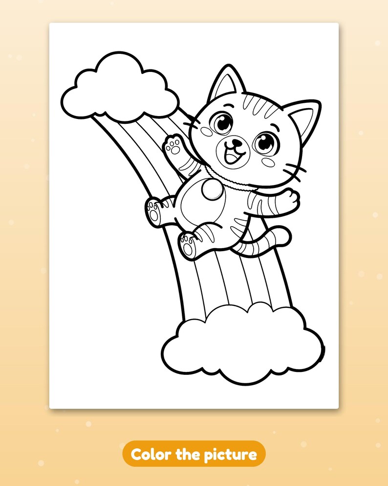 May include: A black and white coloring page featuring a cartoon cat sliding down a rainbow that connects two fluffy clouds. The cat has large eyes, striped fur, and a happy expression. Below the illustration, the text reads Color the picture.