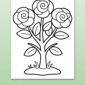 May include: A black and white colouring page featuring three large roses on a single stem with leaves and grass at the base. The text at the bottom reads Big spaces for little hands in white letters on a green rounded rectangular background.