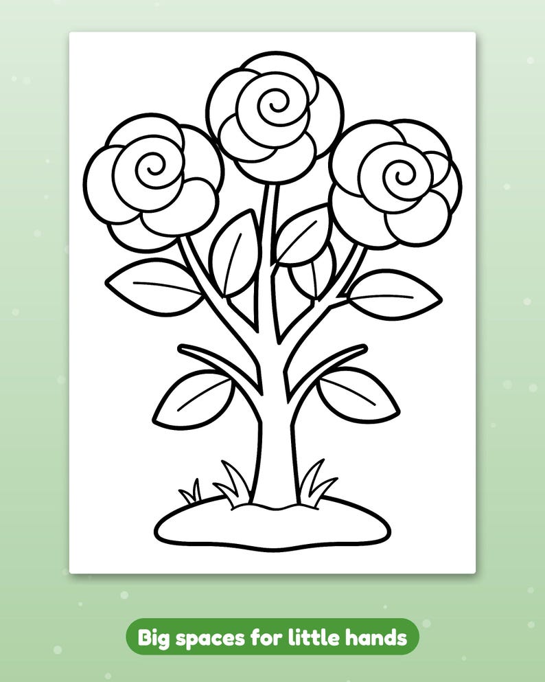 May include: A black and white colouring page featuring three large roses on a single stem with leaves and grass at the base. The text at the bottom reads Big spaces for little hands in white letters on a green rounded rectangular background.