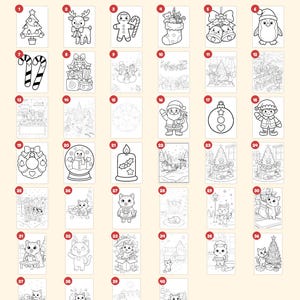 May include: A collection of 40 black and white colouring pages featuring Christmas themes including a tree, reindeer, gingerbread man, stocking, bells, penguin, candy canes, gifts, snowmen, Santa, ornaments, elves, wreath, and cats.