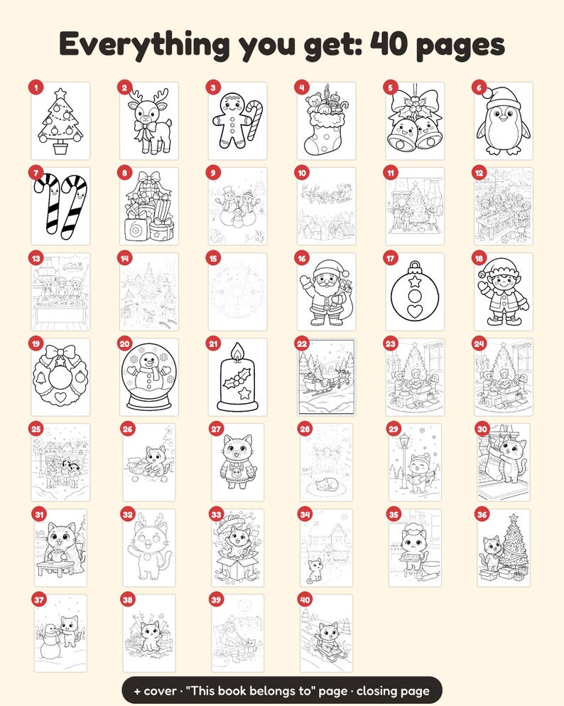 May include: A collection of 40 black and white colouring pages featuring Christmas themes including a tree, reindeer, gingerbread man, stocking, bells, penguin, candy canes, gifts, snowmen, Santa, ornaments, elves, wreath, and cats.