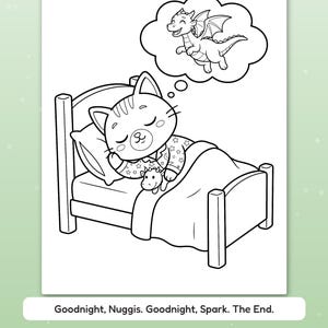 Puede incluir: Una p&aacute;gina para colorear en blanco y negro que muestra a un gato durmiendo en una cama mientras sostiene un peque&ntilde;o juguete de drag&oacute;n. Una burbuja de pensamiento sobre el gato muestra un drag&oacute;n volando. El texto dice: Goodnight, Nuggis. Goodnight, Spark. The End.