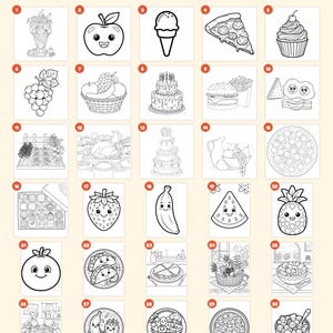 May include: A coloring book page featuring 30 numbered squares, each containing black and white line art illustrations of various foods including fruits, vegetables, desserts, and meals, with the text Everything you get: 30 pages.