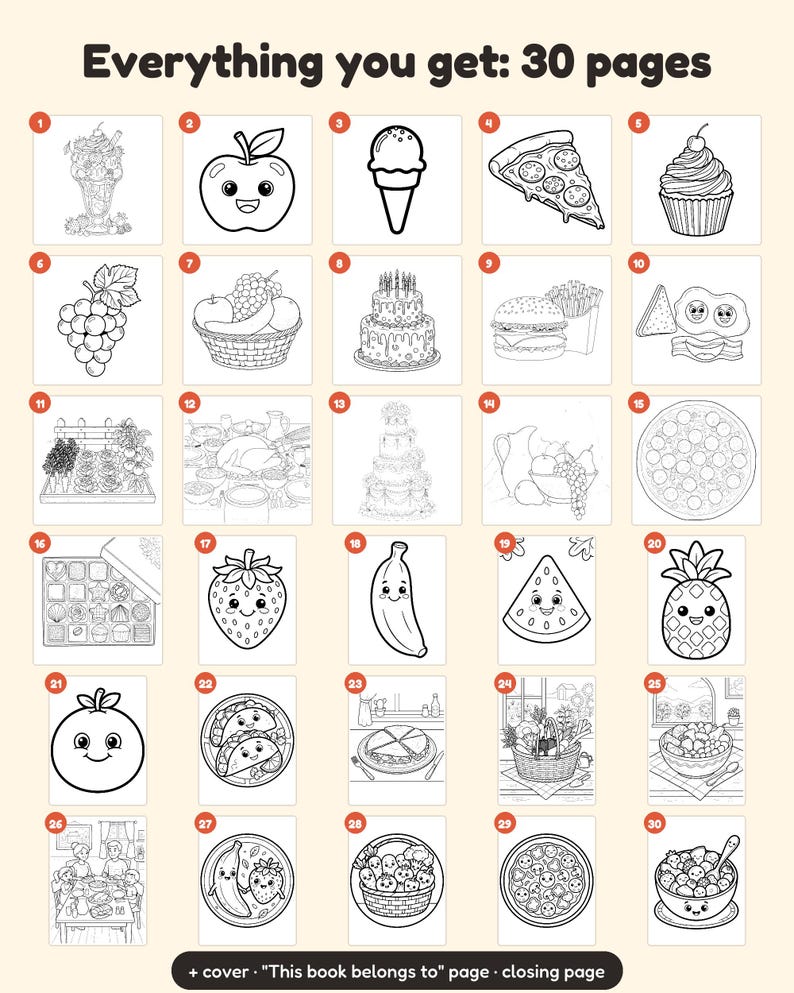 May include: A coloring book page featuring 30 numbered squares, each containing black and white line art illustrations of various foods including fruits, vegetables, desserts, and meals, with the text Everything you get: 30 pages.