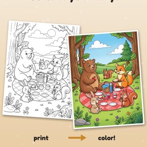 May include: A colouring page set featuring a black and white line art illustration of a bear, fox, rabbit, and squirrels having a picnic in a forest, alongside a full-colour version. Text reads: Color it your way! print color!