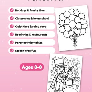 May include: A pink graphic featuring the text Perfect for and Ages 3-8 with a list of activities marked by checkmarks. Two black and white coloring pages are displayed: one with a cluster of balloons and one with a magician and a rabbit.