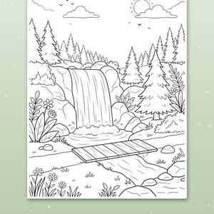 May include: A black and white coloring page featuring a landscape with a waterfall flowing into a stream, a wooden bridge, pine trees, flowers, clouds, and a sun in the sky. The scene is outlined with clear lines for coloring activities.