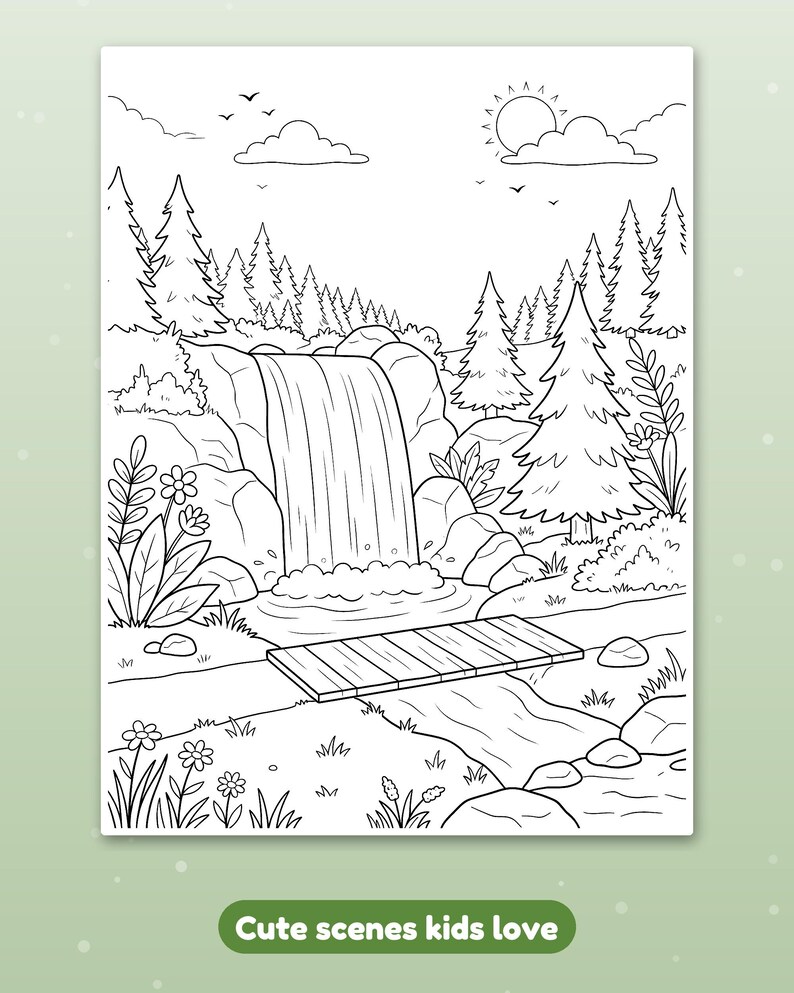 May include: A black and white coloring page featuring a landscape with a waterfall flowing into a stream, a wooden bridge, pine trees, flowers, clouds, and a sun in the sky. The scene is outlined with clear lines for coloring activities.