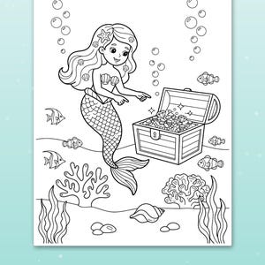 May include: A black and white coloring page featuring a mermaid pointing at an open treasure chest filled with jewels. The scene includes underwater elements like coral, seaweed, fish, bubbles, and seashells. The text reads Big spaces for little hands.