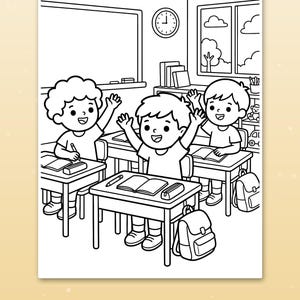Puede incluir: Una p&aacute;gina para colorear en blanco y negro que muestra a tres ni&ntilde;os sentados en pupitres en un aula con libros, l&aacute;pices y mochilas. El texto en la parte inferior dice Big spaces for little hands. La escena incluye una pizarra, un reloj de pared y una ventana.