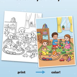 May include: A colouring page featuring a black and white line drawing and a full-colour version of children playing with toys in a room. Text reads: Color it your way! print color! Example coloured with AI, for inspiration (pages come in black & white)