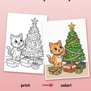 May include: A colouring page featuring a cat decorating a Christmas tree with presents. The text reads Colour it your way! at the top and print colour! at the bottom. One version is black and white, and the other is coloured for inspiration.