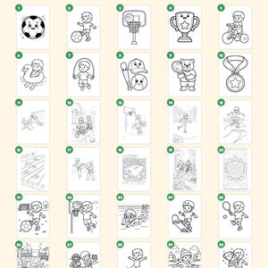 May include: A collection of 30 black and white coloring pages featuring various sports and outdoor activities for children, including soccer, basketball, swimming, and skating, with the text Everything you get: 30 pages.