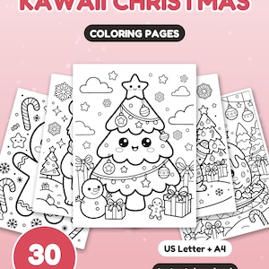 May include: A collection of 30 printable coloring pages titled KAWAII CHRISTMAS. The pages feature black and white line art of Christmas trees, snowmen, gingerbread figures, and gifts. The set is available in US Letter and A4 sizes.