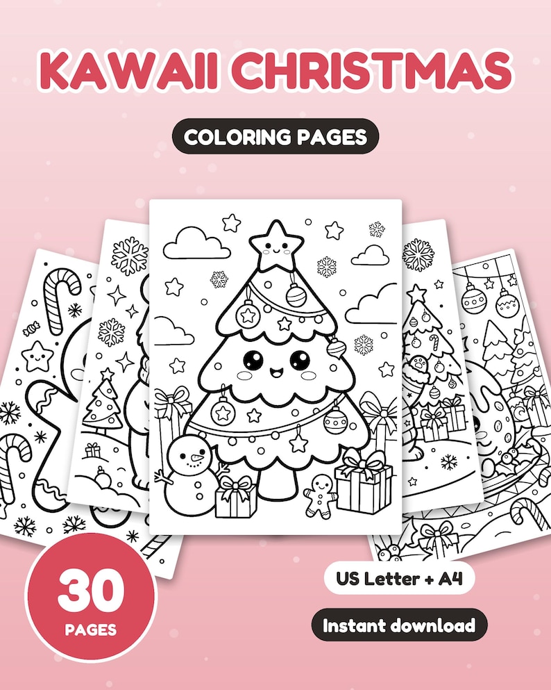 May include: A collection of 30 printable coloring pages titled KAWAII CHRISTMAS. The pages feature black and white line art of Christmas trees, snowmen, gingerbread figures, and gifts. The set is available in US Letter and A4 sizes.