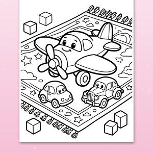 May include: A black and white coloring page featuring a cartoon airplane and two small cars on a patterned rug with stars and clouds. Four cubes are placed around the rug. The text at the bottom reads: Cute scenes kids love.
