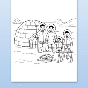 May include: A black and white coloring page featuring a family standing in front of an igloo with a spear, fish on the ground, and fish hanging on a rack. The text at the bottom reads Big spaces for little hands.