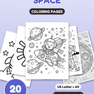 Puede incluir: Una colecci&oacute;n de 20 p&aacute;ginas para colorear con tem&aacute;tica espacial que presenta dibujos de l&iacute;neas en blanco y negro de un gato con traje espacial en un cohete, planetas y estrellas. El texto dice SPACE COLORING PAGES, 20 PAGES, US Letter + A4, Instant download.