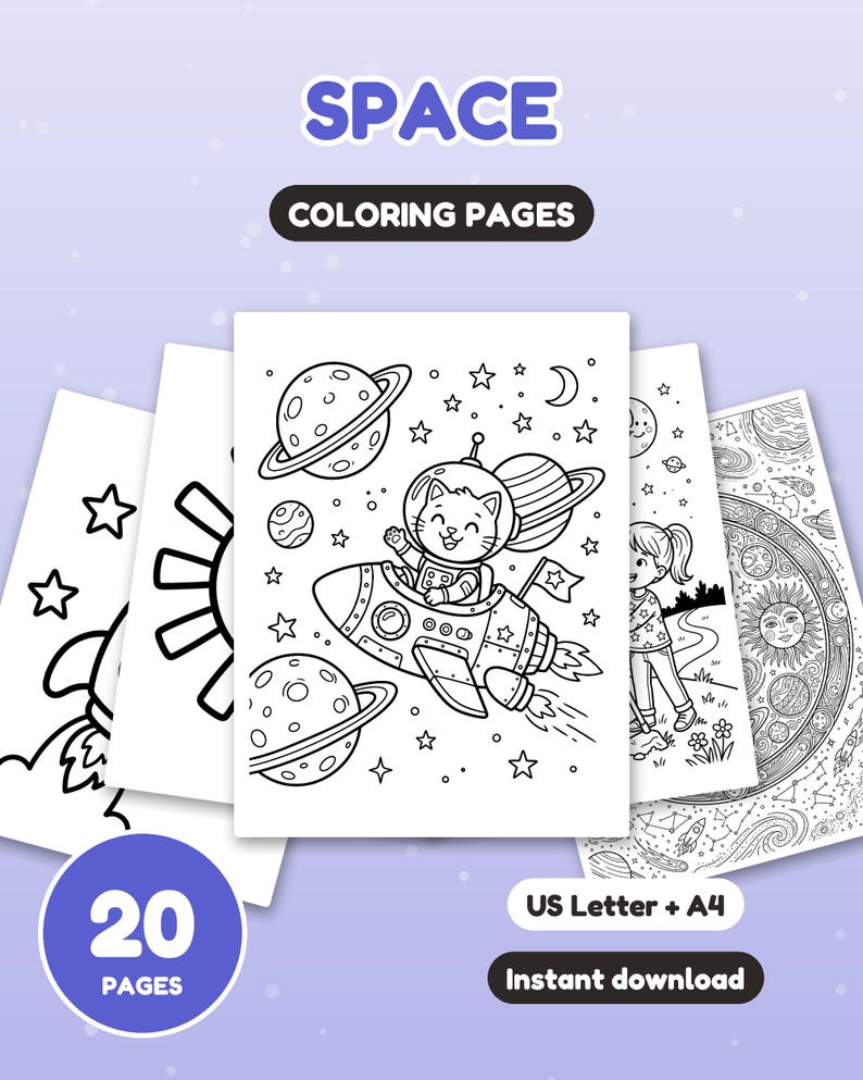 Puede incluir: Una colecci&oacute;n de 20 p&aacute;ginas para colorear con tem&aacute;tica espacial que presenta dibujos de l&iacute;neas en blanco y negro de un gato con traje espacial en un cohete, planetas y estrellas. El texto dice SPACE COLORING PAGES, 20 PAGES, US Letter + A4, Instant download.