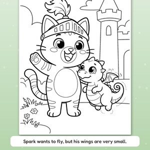 Puede incluir: Una p&aacute;gina para colorear en blanco y negro con un gato con casco de caballero y un peque&ntilde;o drag&oacute;n de pie frente a un castillo. El texto dice: Spark wants to fly, but his wings are very small. L&iacute;neas gruesas y marcadas.