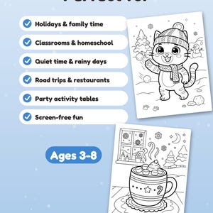 May include: Two coloring pages featuring black and white line art. One page shows a cat wearing a winter hat and scarf playing in the snow. The other page shows a mug of hot cocoa with marshmallows. Text includes Perfect for and Ages 3-8.