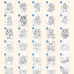 May include: A collection of 30 black and white coloring pages featuring winter-themed illustrations of cats, penguins, owls, seals, and snowy landscapes. The text "Everything you get: 30 pages" is at the top, with "+ cover 'This book belongs to' page - closing page" at the bottom.