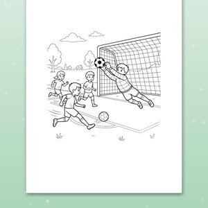 May include: A black and white coloring page featuring a soccer scene with children playing on a field. A goalkeeper dives to catch a ball near the net while other players run nearby. The illustration includes trees, clouds, and houses in the background.