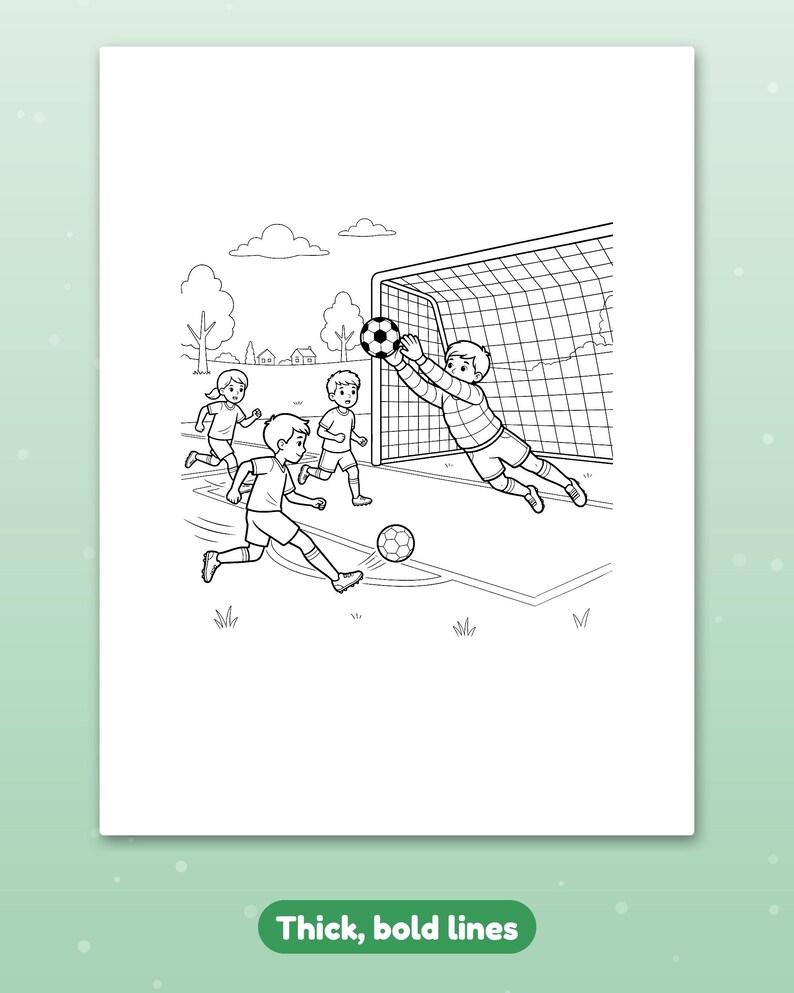 May include: A black and white coloring page featuring a soccer scene with children playing on a field. A goalkeeper dives to catch a ball near the net while other players run nearby. The illustration includes trees, clouds, and houses in the background.