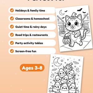 May include: Two black and white coloring pages featuring Halloween themes. One page shows a cat in a witch hat holding a pumpkin bucket, the other shows a group of candy corn characters. Text includes Perfect for, Holidays & family time, Classrooms & homeschool, Quiet time & rainy days, Road trips & restaurants, Party activity tables, Screen-free fun, and Ages 3-8.