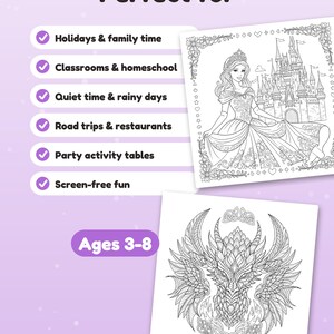 May include: A coloring page set featuring a princess in a gown standing before a castle and a detailed dragon illustration. The text includes "Perfect for" followed by a list of activities and the age range "Ages 3-8" in a purple oval.