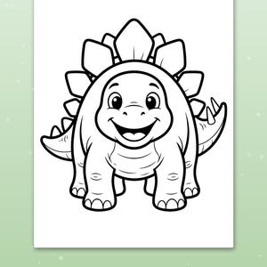 May include: A black and white coloring page featuring a cartoon stegosaurus with a smiling face and large plates on its back. Below the illustration, a green rectangular label contains the white text: Big spaces for little hands.
