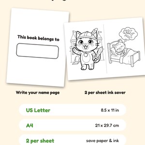 Puede incluir: Un conjunto de p&aacute;ginas para colorear digitales con una p&aacute;gina de nombre 'This book belongs to' y un dise&ntilde;o de ahorro de tinta con un gato caballero y un gato durmiendo so&ntilde;ando con un drag&oacute;n. Incluye formatos US Letter 8.5 x 11 in y A4 21 x 29.7 cm.